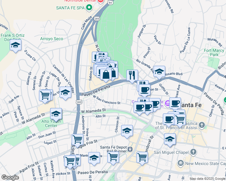 map of restaurants, bars, coffee shops, grocery stores, and more near 115 Jimenez Street in Santa Fe