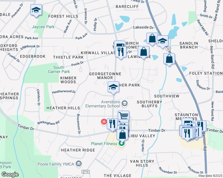 map of restaurants, bars, coffee shops, grocery stores, and more near 104 Tartan Court in Garner
