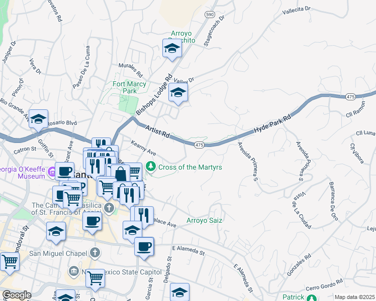 map of restaurants, bars, coffee shops, grocery stores, and more near 341 Prince Avenue in Santa Fe