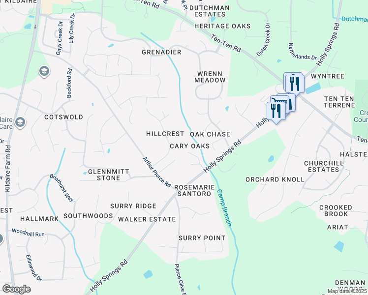 map of restaurants, bars, coffee shops, grocery stores, and more near 4140 Cary Oaks Drive in Apex