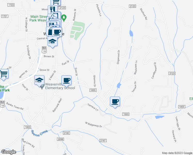 map of restaurants, bars, coffee shops, grocery stores, and more near 19 Shanna Drive in Weaverville