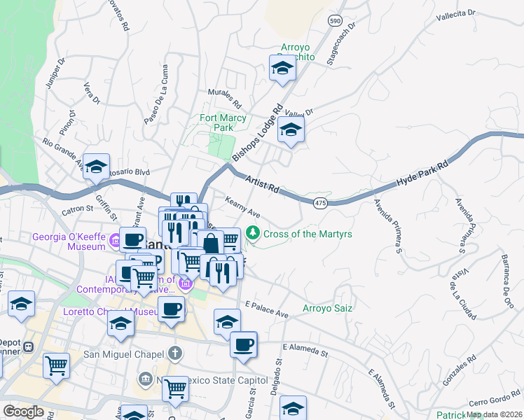 map of restaurants, bars, coffee shops, grocery stores, and more near 339 Otero Street in Santa Fe