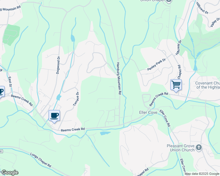 map of restaurants, bars, coffee shops, grocery stores, and more near 18 Lola Peyton Drive in Weaverville