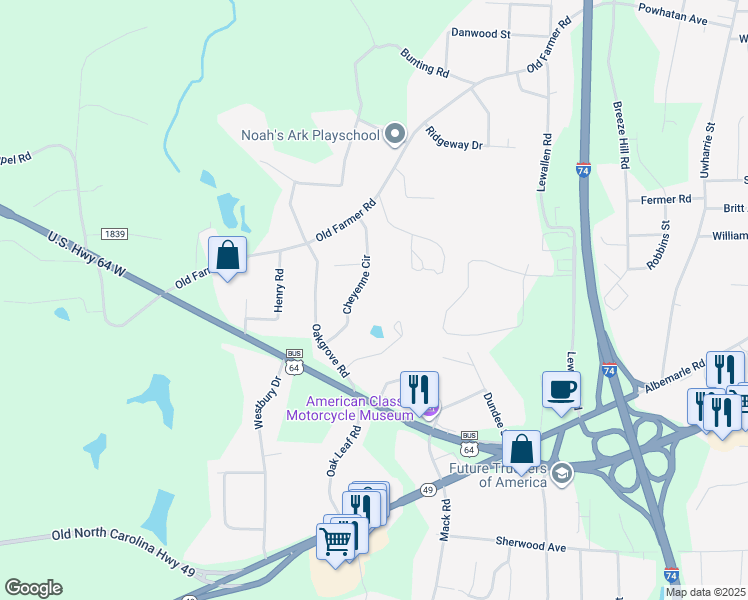 map of restaurants, bars, coffee shops, grocery stores, and more near 272 Cheyenne Circle in Asheboro