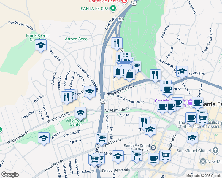 map of restaurants, bars, coffee shops, grocery stores, and more near 1131 Paseo De Peralta in Santa Fe