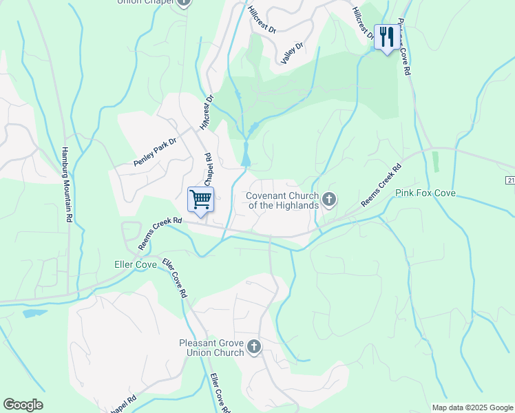 map of restaurants, bars, coffee shops, grocery stores, and more near 492 Reems Creek Road in Weaverville