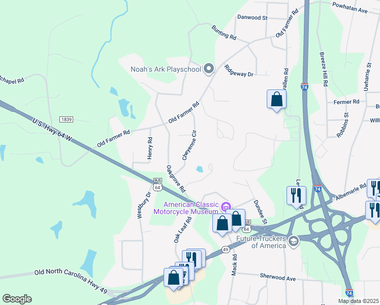 map of restaurants, bars, coffee shops, grocery stores, and more near 272 Cheyenne Circle in Asheboro