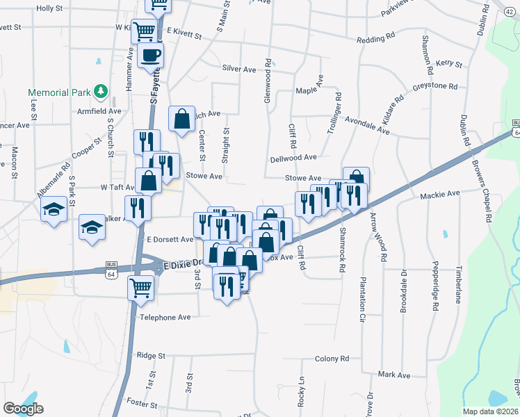 map of restaurants, bars, coffee shops, grocery stores, and more near 483 Lindsey Avenue in Asheboro