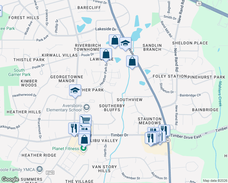 map of restaurants, bars, coffee shops, grocery stores, and more near 233 Southerby Bluffs Court in Garner