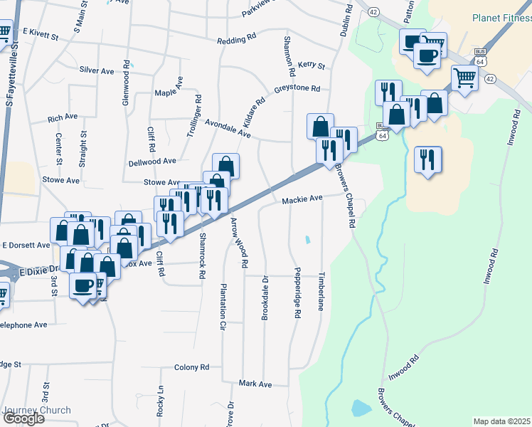 map of restaurants, bars, coffee shops, grocery stores, and more near 1121 Brookdale Drive in Asheboro