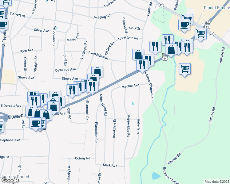 map of restaurants, bars, coffee shops, grocery stores, and more near 1121 Brookdale Drive in Asheboro