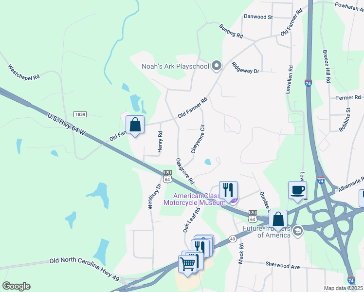 map of restaurants, bars, coffee shops, grocery stores, and more near 356 Oakgrove Road in Asheboro