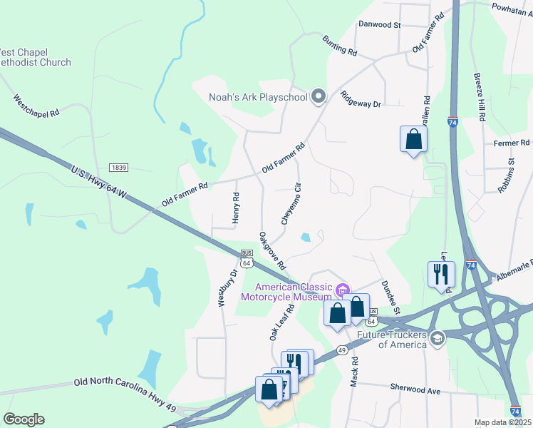 map of restaurants, bars, coffee shops, grocery stores, and more near 356 Oakgrove Road in Asheboro