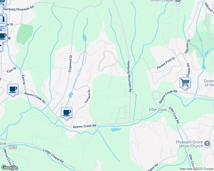 map of restaurants, bars, coffee shops, grocery stores, and more near 39 Candlewood Dr in Weaverville