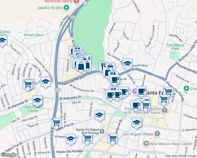 map of restaurants, bars, coffee shops, grocery stores, and more near 138 Elena Street in Santa Fe