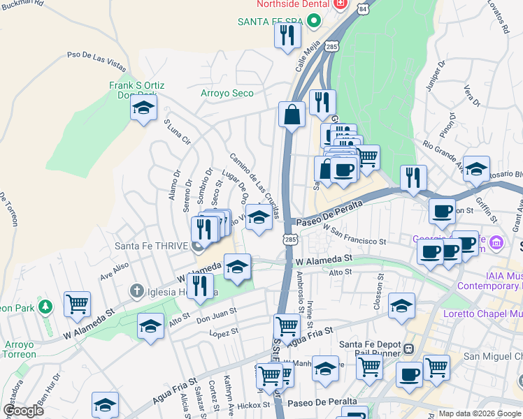 map of restaurants, bars, coffee shops, grocery stores, and more near 906 Rio Vista Street in Santa Fe