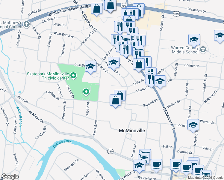 map of restaurants, bars, coffee shops, grocery stores, and more near 411 West End Avenue in McMinnville
