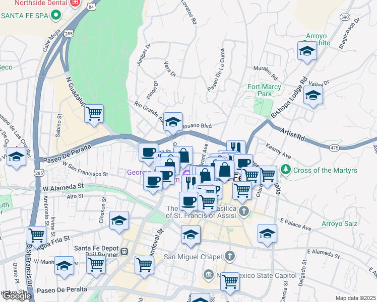 map of restaurants, bars, coffee shops, grocery stores, and more near 103 Catron Street in Santa Fe