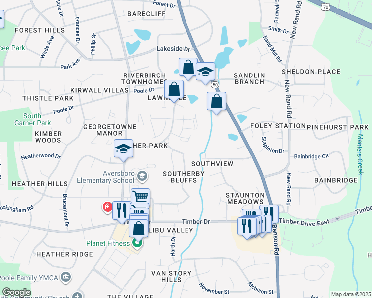 map of restaurants, bars, coffee shops, grocery stores, and more near 233 Southerby Bluffs Court in Garner