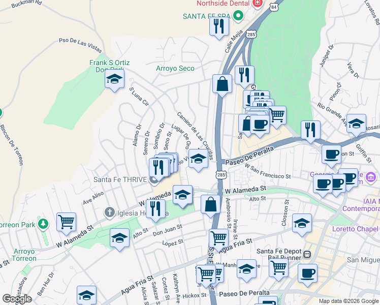 map of restaurants, bars, coffee shops, grocery stores, and more near 941 Rio Vista Street in Santa Fe
