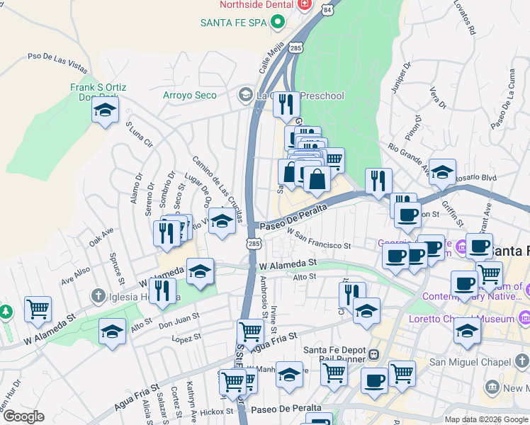map of restaurants, bars, coffee shops, grocery stores, and more near 101 Paseo De Peralta in Santa Fe