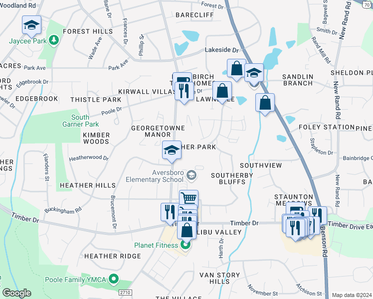 map of restaurants, bars, coffee shops, grocery stores, and more near 1435 Aversboro Road in Garner