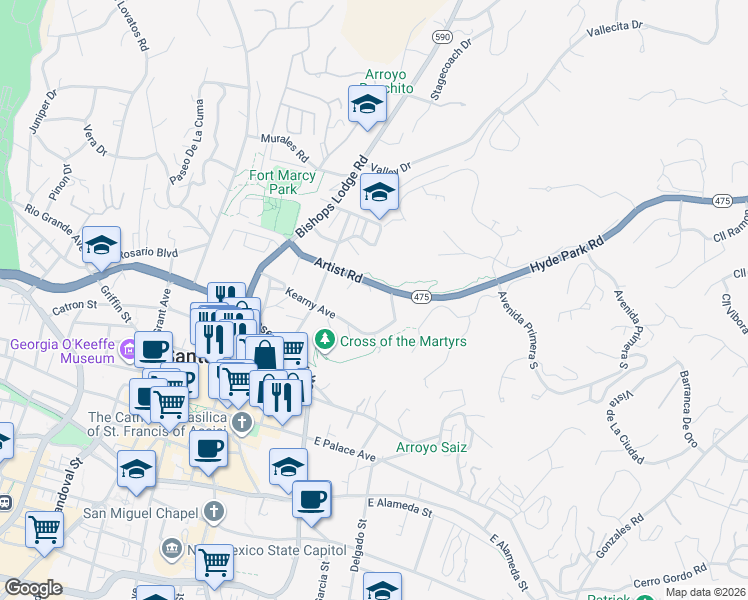 map of restaurants, bars, coffee shops, grocery stores, and more near 320 Kearney Avenue in Santa Fe