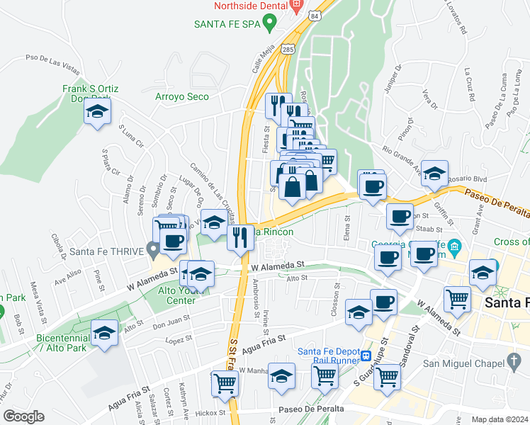 map of restaurants, bars, coffee shops, grocery stores, and more near 1131 Paseo De Peralta in Santa Fe