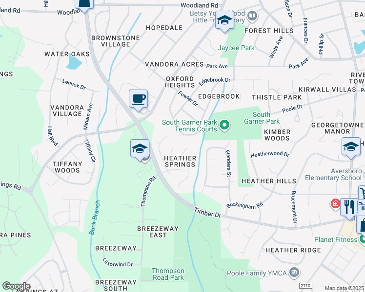 map of restaurants, bars, coffee shops, grocery stores, and more near 113 Farr Court in Garner