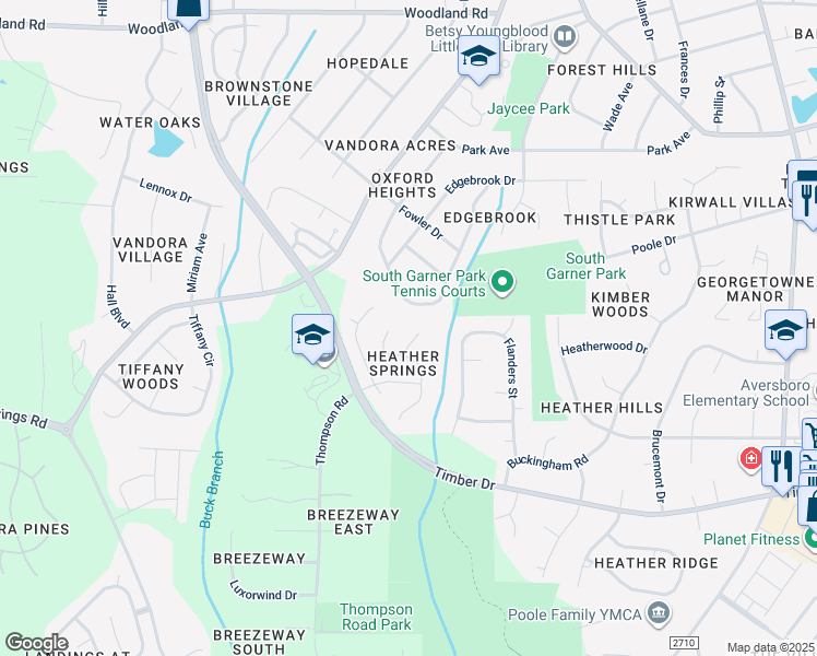 map of restaurants, bars, coffee shops, grocery stores, and more near 113 Farr Court in Garner