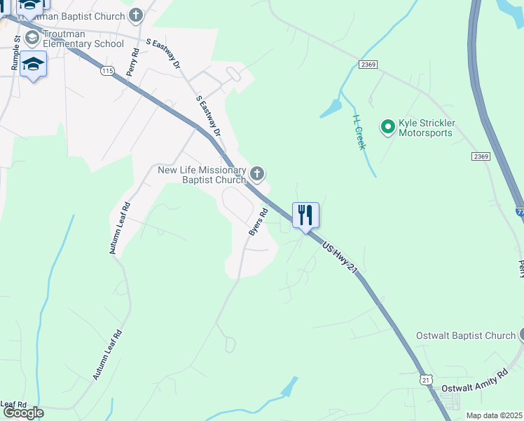 map of restaurants, bars, coffee shops, grocery stores, and more near 202 Byers Road in Troutman