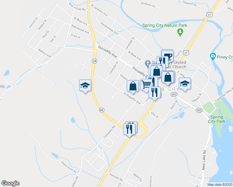 map of restaurants, bars, coffee shops, grocery stores, and more near Cherry Hill Lane in Spring City