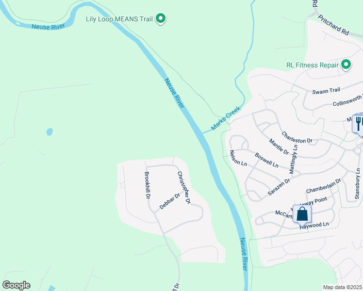 map of restaurants, bars, coffee shops, grocery stores, and more near 592 Christopher Drive in Clayton