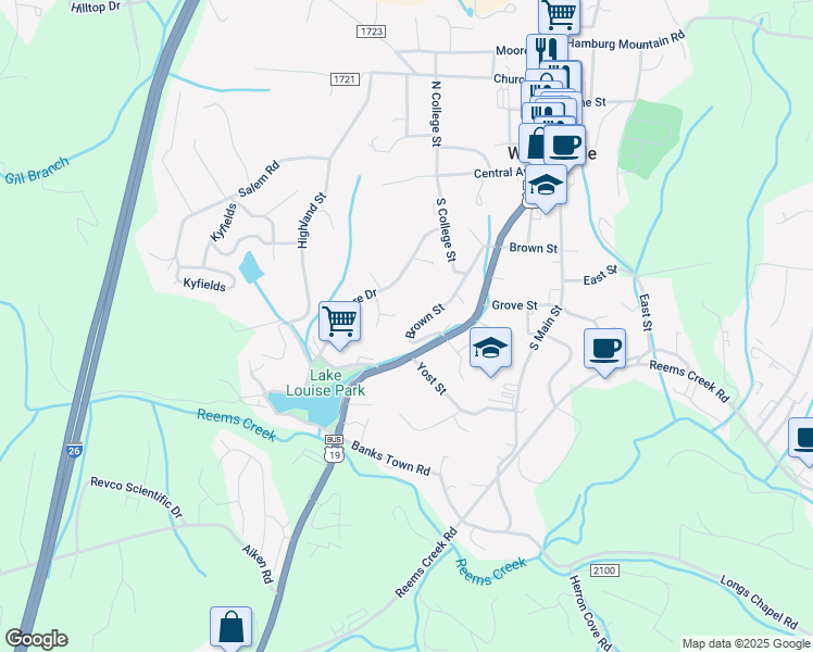 map of restaurants, bars, coffee shops, grocery stores, and more near 65 Brown Street in Weaverville