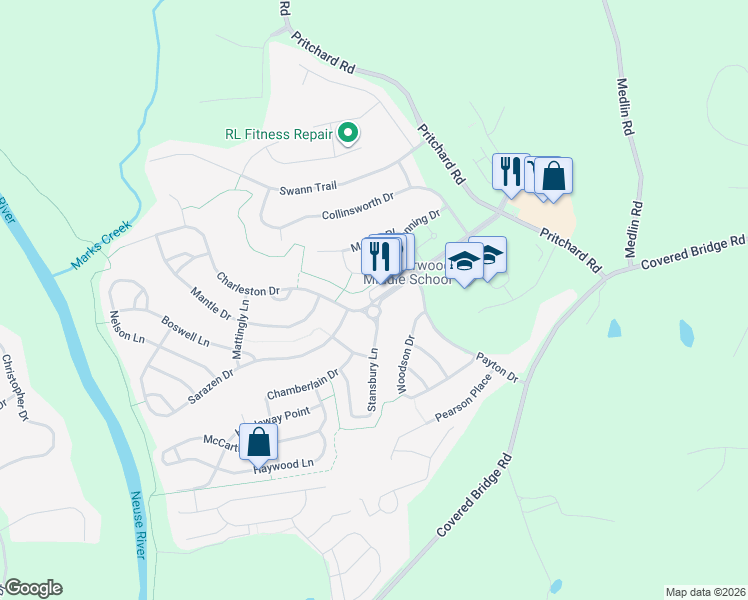 map of restaurants, bars, coffee shops, grocery stores, and more near 104 Stansbury Lane in Clayton