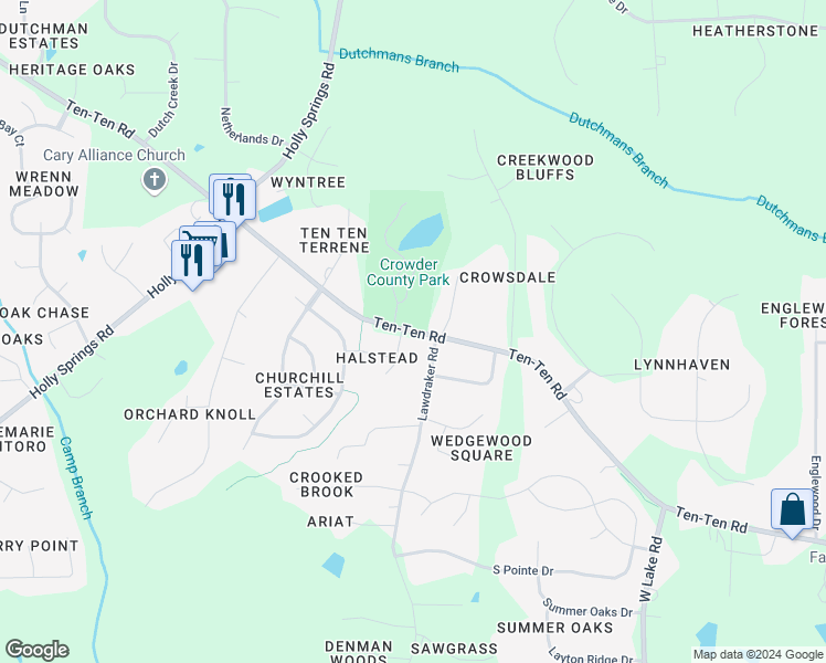 map of restaurants, bars, coffee shops, grocery stores, and more near Ten-Ten Road in Apex