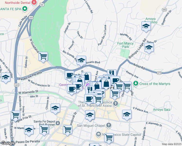 map of restaurants, bars, coffee shops, grocery stores, and more near 100 Catron Street in Santa Fe