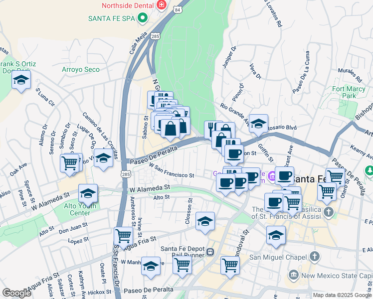 map of restaurants, bars, coffee shops, grocery stores, and more near 138 Elena Street in Santa Fe