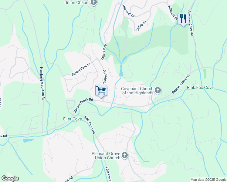 map of restaurants, bars, coffee shops, grocery stores, and more near Union Chapel Road in Weaverville