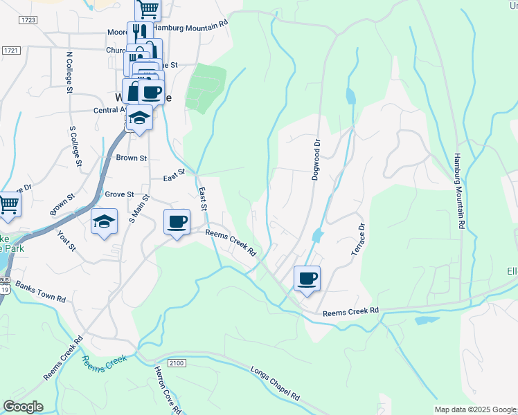 map of restaurants, bars, coffee shops, grocery stores, and more near 2 Shanna Drive in Weaverville