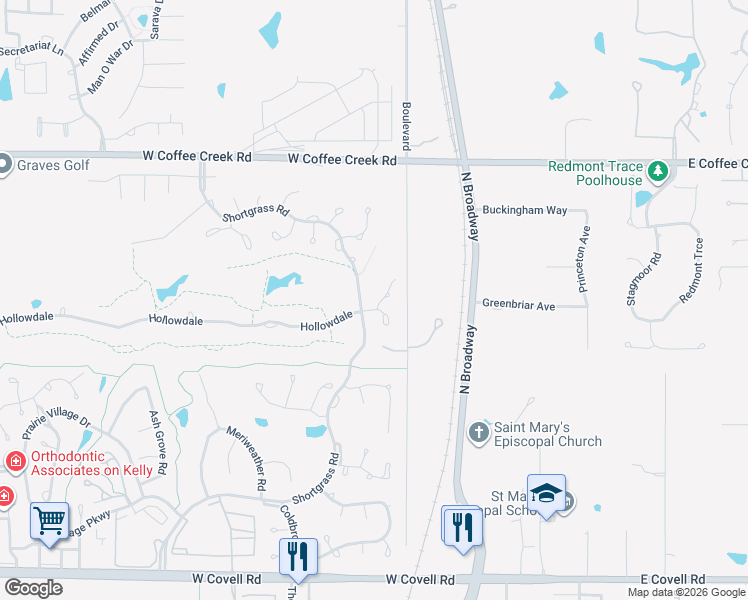 map of restaurants, bars, coffee shops, grocery stores, and more near 109 Lakeview Court in Edmond