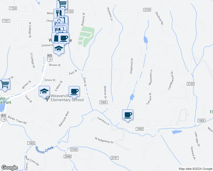 map of restaurants, bars, coffee shops, grocery stores, and more near 21 Shanna Drive in Weaverville