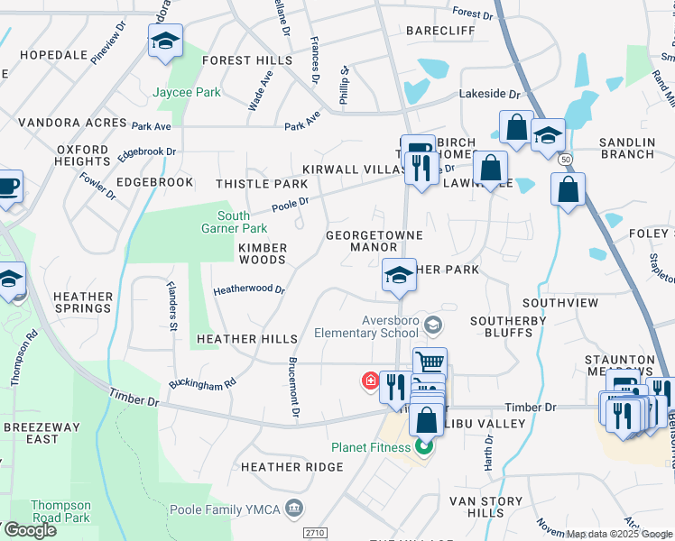 map of restaurants, bars, coffee shops, grocery stores, and more near 1100 Brucemont Drive in Garner
