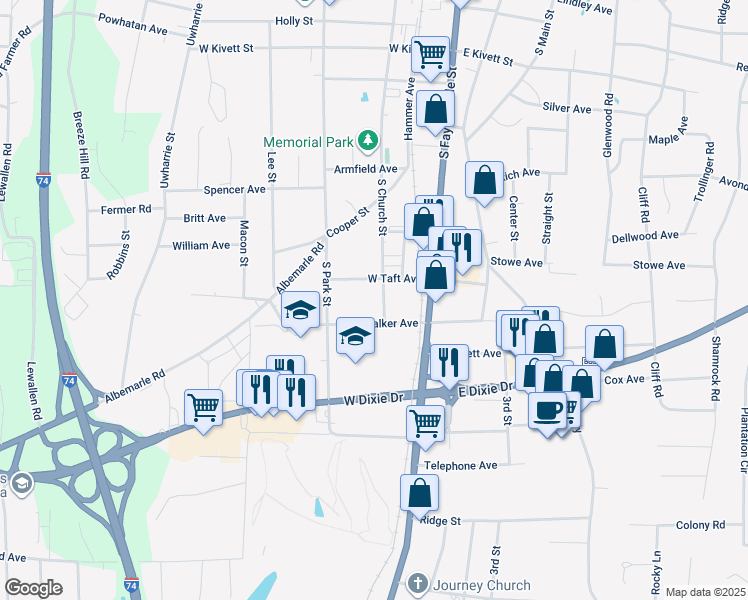 map of restaurants, bars, coffee shops, grocery stores, and more near 1130 South Church Street in Asheboro