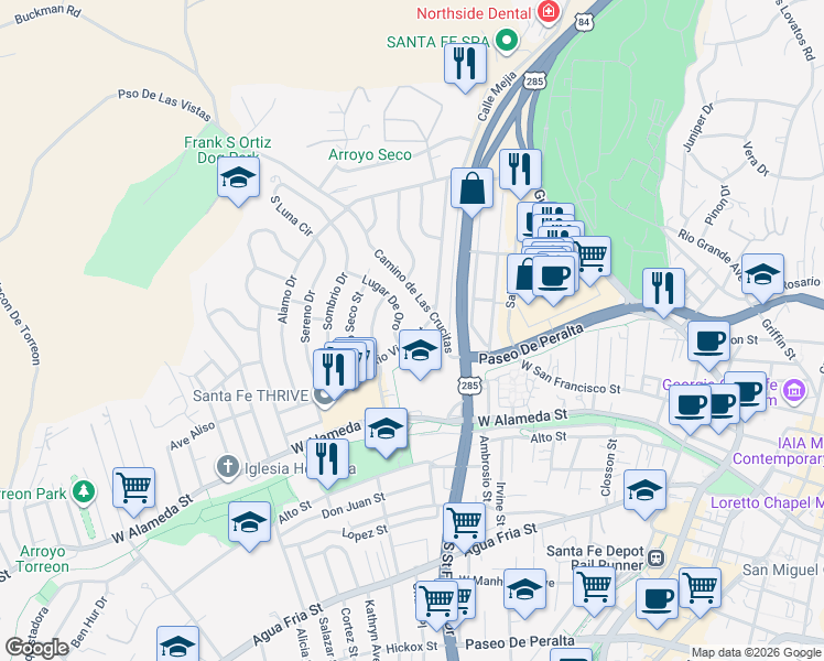 map of restaurants, bars, coffee shops, grocery stores, and more near 906 Rio Vista Street in Santa Fe