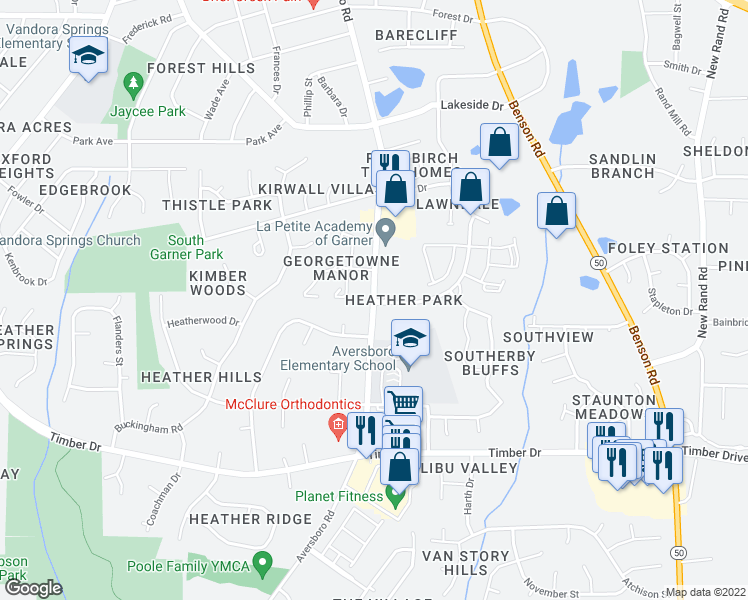 map of restaurants, bars, coffee shops, grocery stores, and more near 682 Heather Park Drive in Garner
