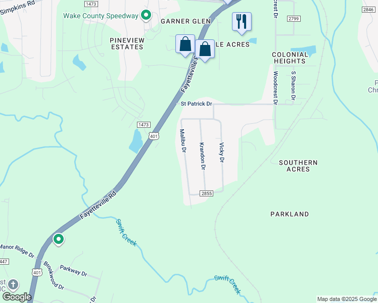 map of restaurants, bars, coffee shops, grocery stores, and more near 6409 Malibu Drive in Raleigh