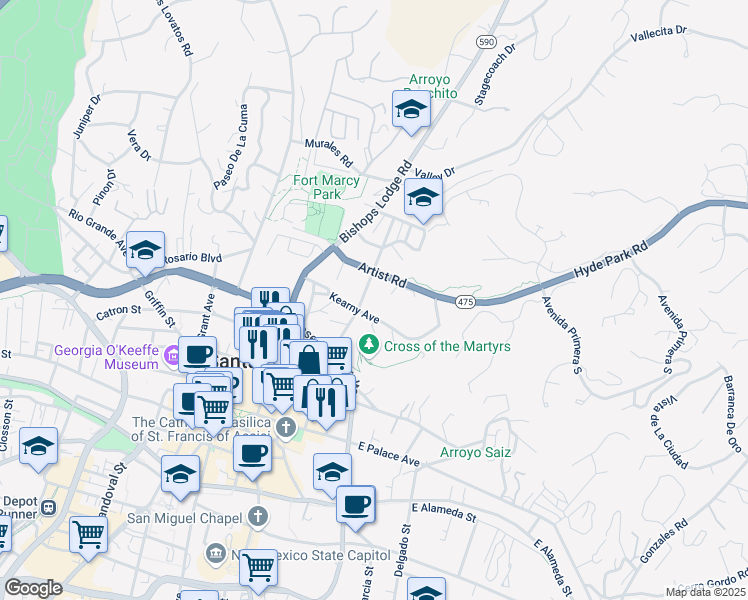 map of restaurants, bars, coffee shops, grocery stores, and more near 339 Otero Street in Santa Fe
