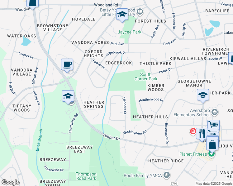 map of restaurants, bars, coffee shops, grocery stores, and more near 1015 Flanders Street in Garner