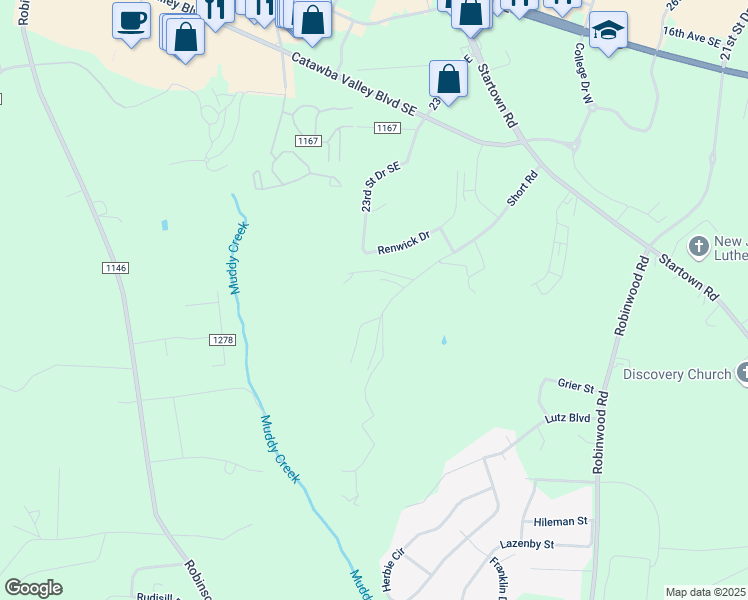 map of restaurants, bars, coffee shops, grocery stores, and more near R P Whitener Lane in Hickory